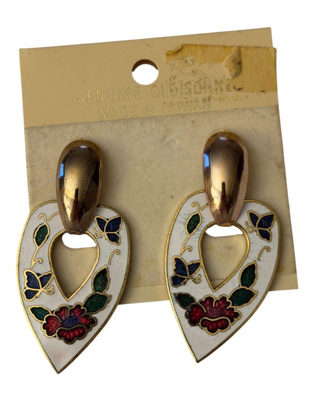 Vintage Cloisonné Heart Drop Earrings With Floral & Butterfly Design Clip-On Gol